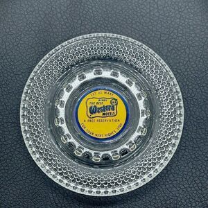 Vtg The Best Western Motels Ashtray Clear Hobnail Glass Blue Yellow Logo Rope
